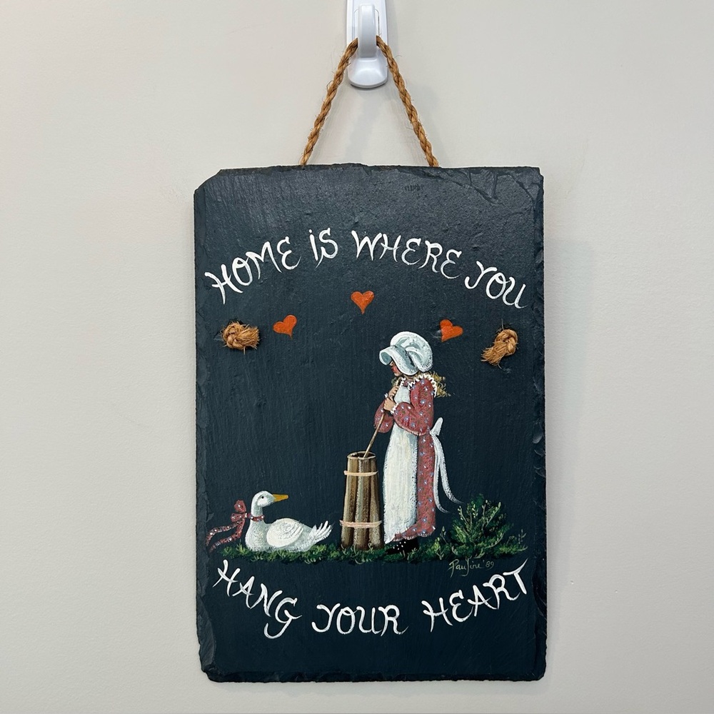 Slate Painted Wall Hanging Goose Farm Girl Country Butter Making Hearts Art